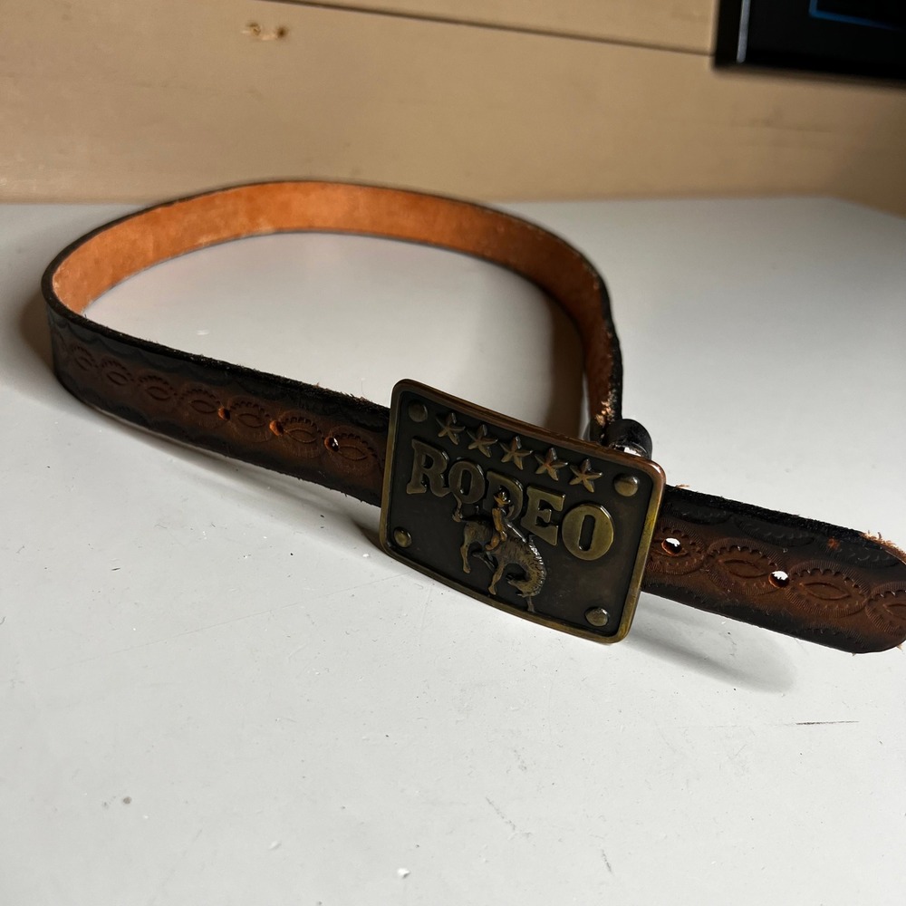Vintage Tooled Leather Rodeo Belt Bucking Bronco Brass Buckle Brown Mens 38 in